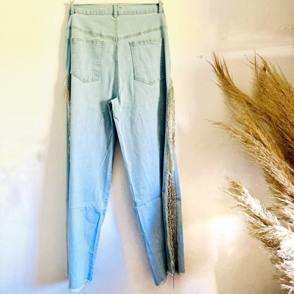 NEW Light Wash Stretch Denim Rhinestone Crystal Fringe Tassel Split Leg Jeans L - Picture 6 of 14